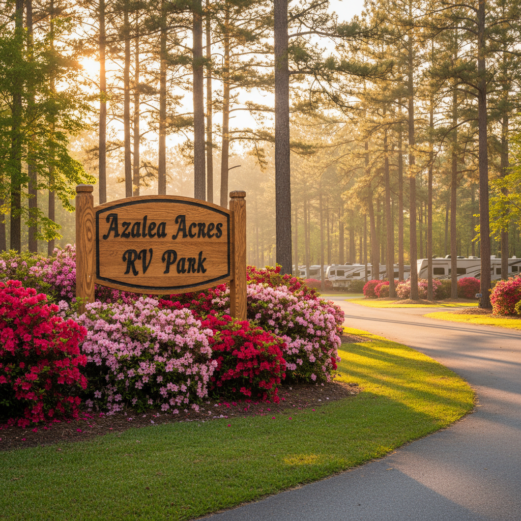 Azalea Acres RV Park entrance sign surrounded by lush green landscaping