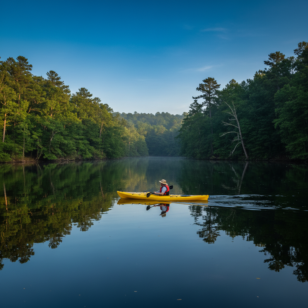 Person kayaking on a calm lake surrounded by lush green trees