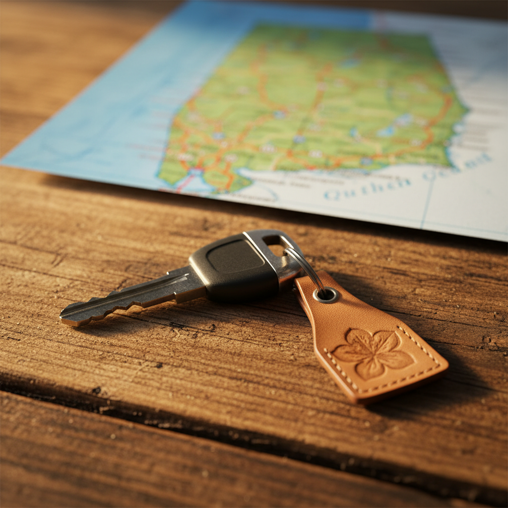 RV key resting on a clean wooden surface with park map