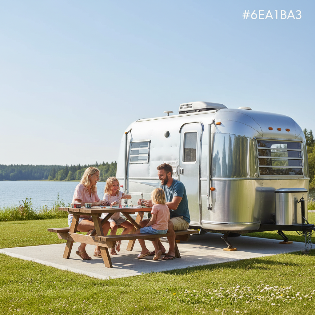 Family relaxing outside their RV at a spacious campsite